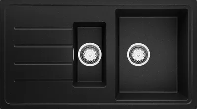 A top-down view of a black granite kitchen sink with two basins and a drainer.