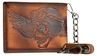 Produktbild von Herren Biker Naturleder Geldbörse mit einem Bikerschädel und mit Einer Metallkette RFID