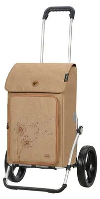A shopping trolley with a beige fabric bag and dandelion print, standing on a white background.