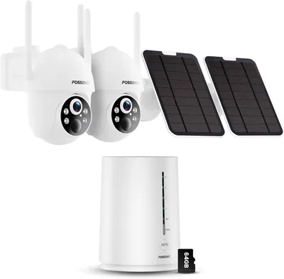Produktbild von 2er-Pack FOSSENXE 4MP Solar Wifi Überwachungskamera Aussen Set mit Basisstation, 360° PTZ Panorama, IP66 Wetterfest, PIR Bewegungserkennungk