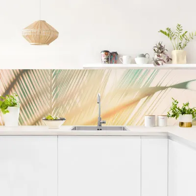 Produktbild von Küchenrückwand Natur selbstklebend - 0.65 mm Wandpaneel wasserfest Palme türkis Tropisch Spritzschutz fugenlos