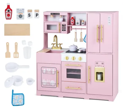 Produktbild von COSTWAY Kinderküche Holz für Kinder 3+, Spielküche mit Herd, Wasserhahn, Spüle, Mikrowelle, Eiswürfelspender, Ofen, Zubehör, Stauraum, Licht & Sound