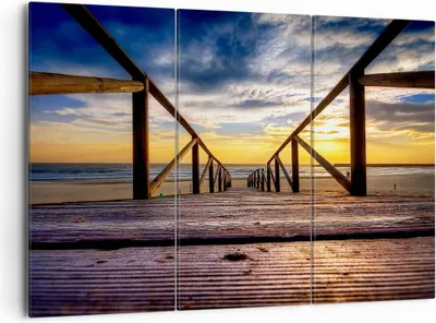 Produktbild von Bild auf Leinwand - Leinwandbild - Strand Ozean Sand Holzbrücke Sonnenuntergang - 165x110cm - Wand Bild - Wanddeko - Leinwanddruck - Bilder - Kunstdruck - Leinwand bilder - Wandkunst - CE165x110-0430