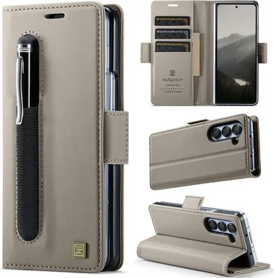 Obrázek produktu pro Kožené pouzdro pro Samsung Galaxy Z Fold 5, RFID ochranou, magnetickým uzávěrem, přihrádkami na karty a stojánkem Šedá