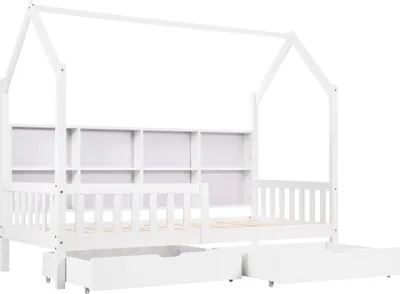 Produktbild von Kinderbett mit 2 Schubladen, Lattenrost und Regal, 90x200 cm, Hausbett inkl. Rausfallschutz, Holzbett aus Kieferholz, Einzelbett, Jugendbett