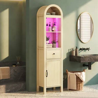 Immagine prodotto di Mobile bagno curvo con illuminazione a LED, porta reversibile, cassetto, chiusura magnetica, mobile autoportante 40x30x163 cm, armadietto, finitura in legno naturale