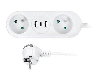 Obrázok produktu pre Solight Biely cestovný predlžovací kábel, 2 zásuvky + USB A+C, 1.5m PP154C