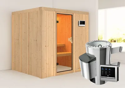 Produktbild von Karibu Sauna Innensauna Daria Fronteinstieg Ofen 3,6 kW externe Strg.easy 196x170x198 cm ohne Dachkranz mit Bronzierter Tür