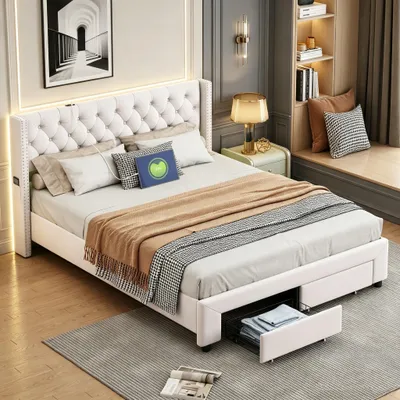 Produktbild von INONEFT Polsterbett 140x190 mit Stauraum und Lattenrost, Doppelbett mit LED und USB, mit 2 Schubladen, Kopfteil mit Nietenverzierung, Samt, Beige