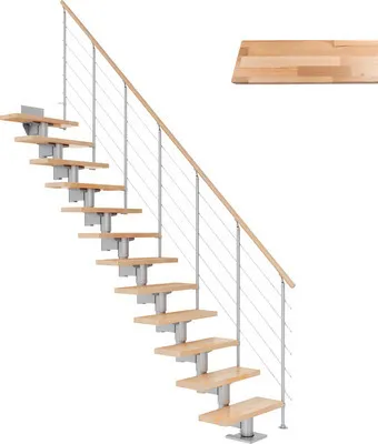 Produktbild von Pertura Mittelholmtreppe Chiron Buche Leimholz Perlgrau Gerade 75 cm 11 Stufen / 12 Steigungen Relinggeländer Grau (RAL