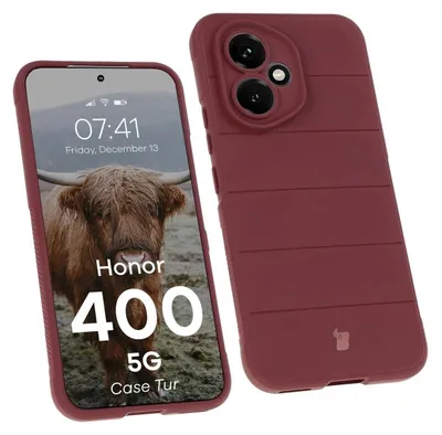A smartphone with a burgundy case is shown next to a separate burgundy phone case.