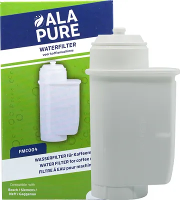 A water filter and its packaging are shown.