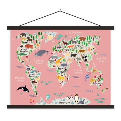Produktbild von MuchoWow® Textilposter Weltkarte - Kinder - Rosa - Tiere 40x30 cm mit schwarzem Rahmen - Dekorationen