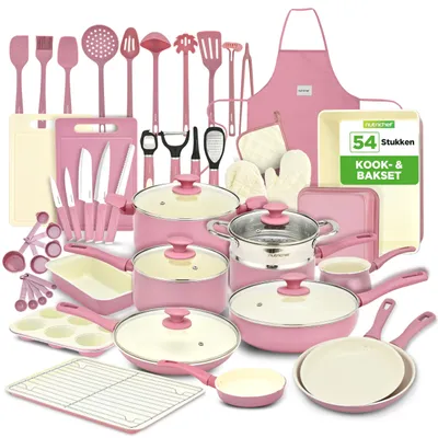 54-teiliges Küchenset, Antihaft, Blush Pink, Töpfe, Pfannen, Backzubehör