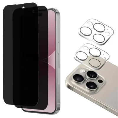 Produktbild von Schwarzes Anti-Spionage-Glas für iPhone 15 PRO und Kameraschutz [2er-Pack] Displayschutzfolie  Phonillico®