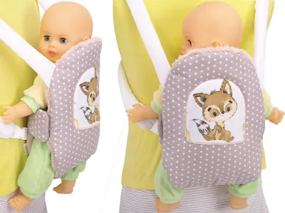 Obrázok produktu pre Nosič bábik BOBO - Nosič na brucho pre bábiky s aplikáciou - Bežová s líškou