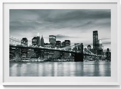 Produktbild von Brooklyn Bridge - Skyline von New York– Wandbild mit Rahmen – Gerahmtes Bild  – Wanddekoration – 100x70 cm –  Weiß Rahmen