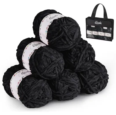 Image de Ensemble de fil Chenille, 6 pelotes de 50g, pour le crochet et le tricot, avec accessoires, couleur noire