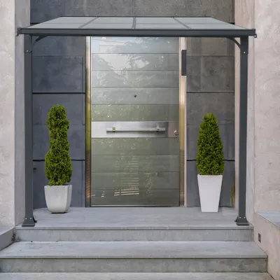 Produktbild von HOME DELUXE - Vordach Haustür CUBIS - Größe: Large - 291 x 150 x 258 cm - Anthrazit, Gestell: Aluminium, inkl. Polycarbonat Platten I Hautürvordach Pultdach Glasvordach