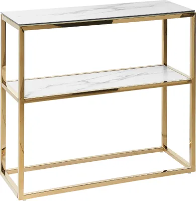 Obrázek produktu pro BELIANI Konzolový stolek bílý a zlatý skleněná stolní deska mramorový vzhled kovový rám 80 x 30 cm glamour moderní elegantní design