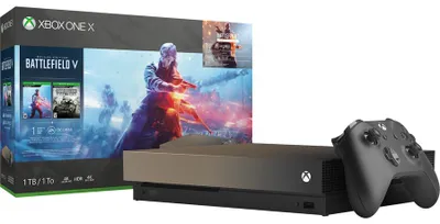 Produktbild von Microsoft Xbox One X 1TB – Gold Rush Special Edition Battlefield V Bundle, Xbox One X, Schwarz, 12000 MB, GDDR5, HDD, 1 TB