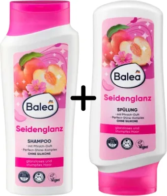Obrázek produktu pro Sada šamponu a kondicionéru Balea Seidenglanz, 2 x 300 ml. Pro vlasy bez lesku. S vůní broskví. Bez silikonů a veganský produkt. Výhodný balení