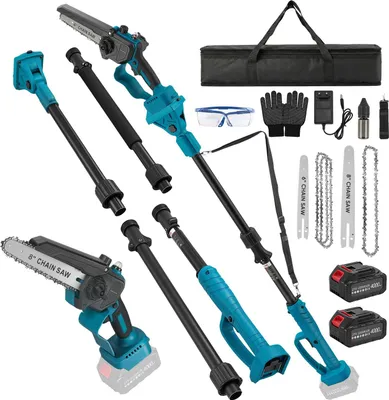 Image de Élagueuse télescopique 2 en 1 - Tronçonneuse/sécateur sans fil - Moteur sans balais - Batterie 21 V 4000 mAh incluse - Guide-chaîne 15/20 cm - Longueur réglable - Bleu