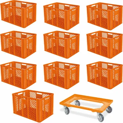 Produktbild von 10 Euroboxen, 600x400x410 mm, lebensmittelecht, orange + Transportroller