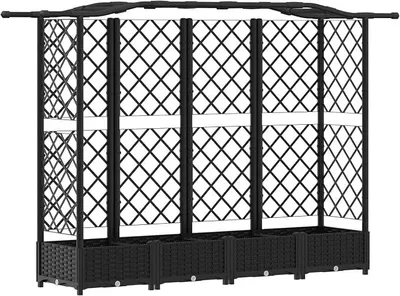 Obrázek produktu pro Vyvýšený záhon s opěrnou mřížkou a střechou, černý, rozměry 203,5 x 40 x 125 cm. Velký pěstební box z PP materiálu s opěrnou konstrukcí pro popínavé rostliny. Ideální pro zahradu, terasu a balkon