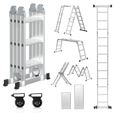 Productafbeelding van Eikuavons Aluminium multifunctionele ladder 7-in-1, 4x3 treden, ongeveer 360 cm / 3,6 meter, inklapbare scharnierladder met platforms, wielen en antislipoppervlak, maximale draagkracht 150 kg