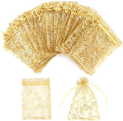 Produktbild von 100 Stück Goldener Organzasäckchen 10x15cm Druck Organzabeutel Säckchen Geschenkbeutel KordelzugGeschenkbeutel Mesh Beutel für Hochzeitsfeier Hochzeit Schmuck Süssigkeit Beutel