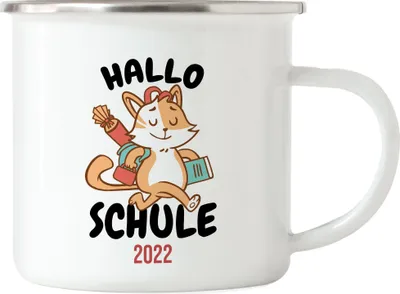 Produktbild von Hallo Schule 2022 Emaille Tasse Geschenkidee zur Schulstart oder Einschulung für Erstklässler Schulanfänger