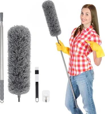 Imagen del producto de Escoba de microfibra para quitar el polvo, con mango telescópico de 40 a 280 cm, lavable, para uso doméstico