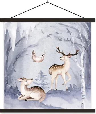 Produktbild von MuchoWow® Textilposter Winter - Vogel - Hirsch 60x60 cm mit schwarzem Rahmen - Posteraufhänger