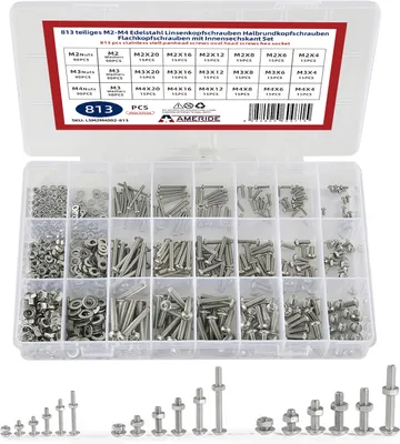Produktbild von 304 Edelstahl M2 M3 M4 Innensechskant Linsenkopfschrauben Set 813pcs (Silber)