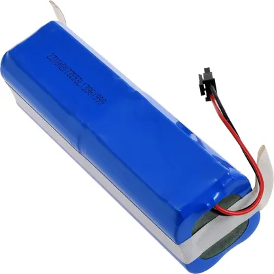 A blue battery pack with a black and red wire connector on a white background.