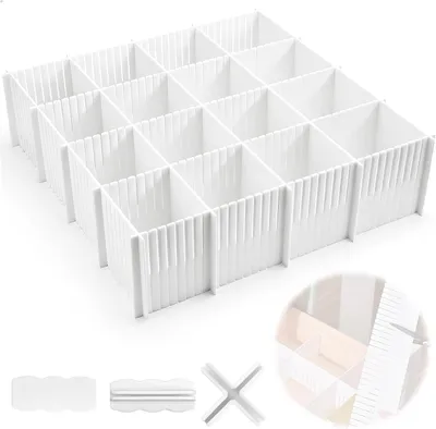 Produktbild von Set aus 10 verstellbaren Schubladenteilern 37 x 11 cm, Kunststoff-Schubladenteiler mit Befestigungszubehör zur Organisation von Wäsche und kleinen Gegenständen (weiß)