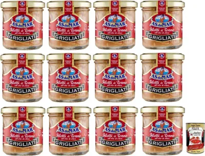 Produktbild von 12x AS do MAR Filetti di Tonno Grigliati all'Olio di Oliva,Gegrillte Thunfischfilets in Olivenöl,150g Glas + Italian Gourmet Polpa di Pomodoro 400g Dose