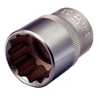 A close-up studio shot of a single silver socket wrench head against a white background.
