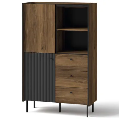 Produktbild von BEAUTYSOFA | Kommode PIANO | mit 2 Türen, 3 Schubladen und 5 Einlegeböden | Hochkommode | Wohnzimmerschränke | Schwarz und Nussbaum | Modern Stil