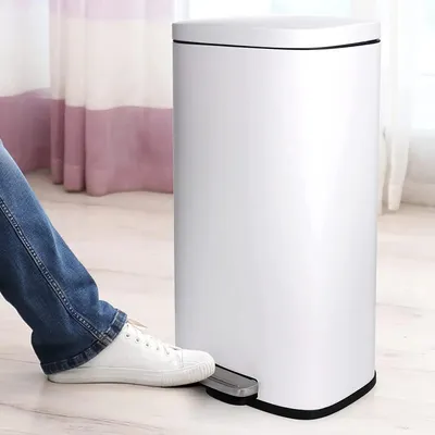 Obrázek produktu pro Kbelík na odpadky – pedálový kbelík – 30 litrů – nerezová ocel – obdélníkový tvar – odnímatelná vnitřní nádoba – tichý mechanismus pomalého zavírání – bílá barva