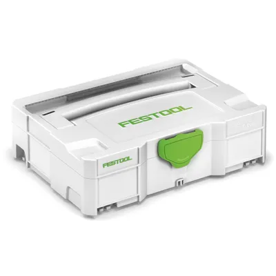 A white Festool Systainer T-LOC tool case with a green latch, shown on a white background.