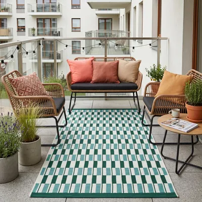 Produktbild von Outdoor-Teppich 80x150 cm Grün - Flachgewebe & Wasserdicht - Geometrisches Muster für Balkon Terrasse Küche