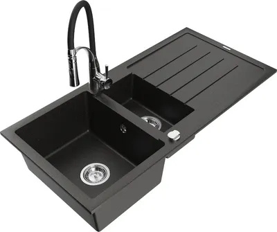 Produktbild von Mexen Andres 1,5-Becken-Granitspüle mit Abtropffläche und Mischbatterie Aster, Schwarz/Gold metallisch - 6515-75-73450-07