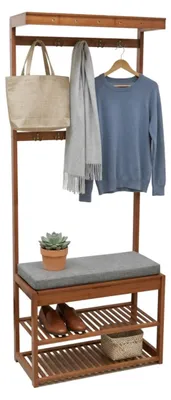 Immagine prodotto di Relaxdays: appendiabiti, panca, 2 ripiani per scarpe, 10 ganci, LxPxA: 175x70x33 cm, effetto noce, appendiabiti, marrone