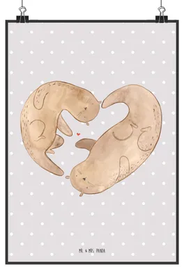 Produktbild von Mr. & Mrs. Panda Bild Otter Herz DIN A3 - Grau Pastell - Geschenk, Liebe, Kunstdruck, wanddeko, Hochzeitstag, drucke, Seeotter, Posterdruck, Wandbild