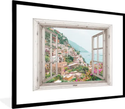 Produktbild von MuchoWow® Gerahmtes Poster Ausblick - Italien - Blumen - Meer - Küste - Stadt - Berge 80x60 cm - Poster mit Schwarzem Bilderrahmen Wandposter Rahmen Foto Bilder - Schlafzimmer-Dekorationen - Fotoposter