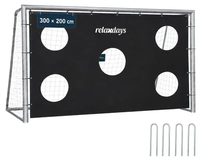 Zdjęcie produktu dla Relaxdays, bramka do piłki nożnej z tłem, wymiary: 200 x 300 x 120 cm, siatka z polietylenu i stalowa konstrukcja, z kołkami do zakotwienia w ziemi, idealna do ogrodu, duża bramka do zabawy, kolor: szary