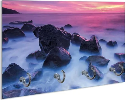 Produktbild von Wallario Schlüsselbrett aus Glas, Motiv: Felsen im Meer bei Sonnenuntergang, 30 x 20 cm mit 4 Haken