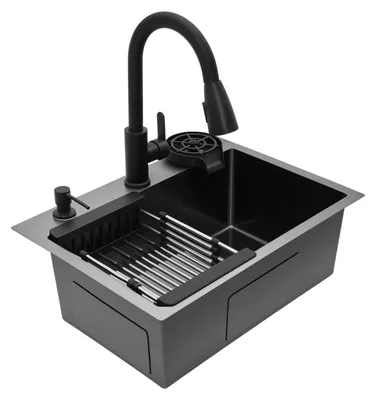 Obrázok produktu pre Kuchynský drez – vstavaný drez s jedným umývadlom, obdĺžnikový – nerezová oceľ – 3 otvory – s batériou – 55×40×20 cm – čierny